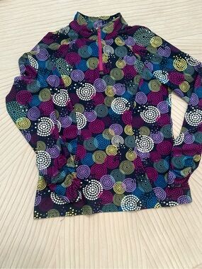 Tzu Tzu Multi-Color Dot-Print Half-Zip Long Sleeve Top
